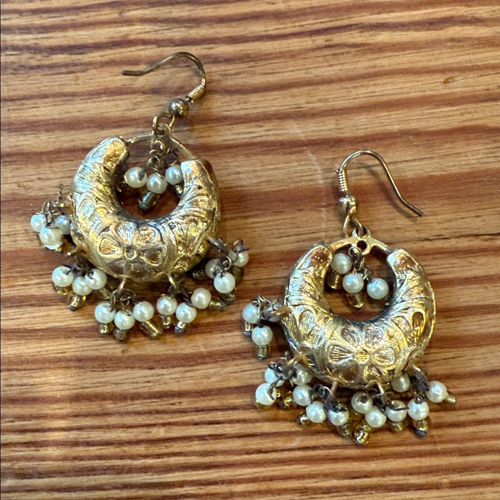 Victorian Style Gold Embossed Hoops w/ Dangling Seed Pearls - Picture 2 of 4